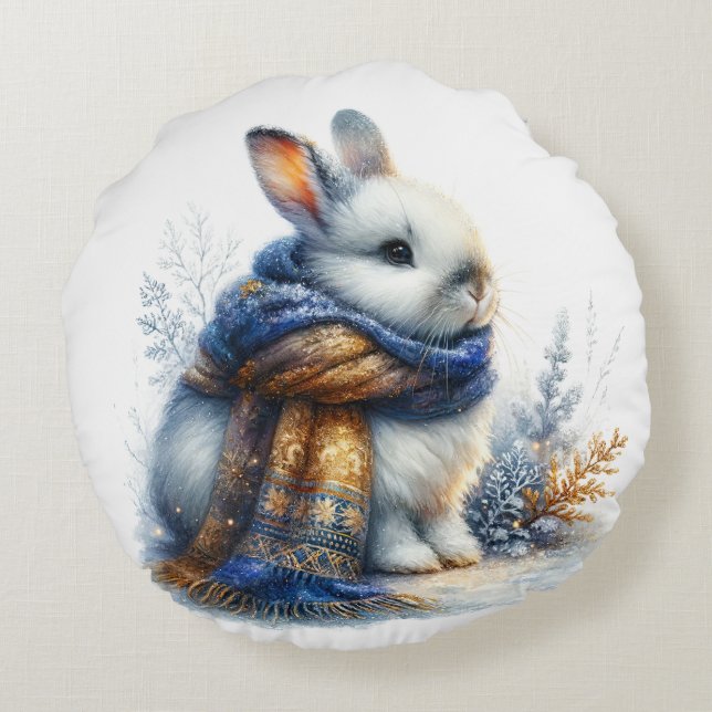 Cozy Winter Bunny Rabbit Round Cushion (Back)