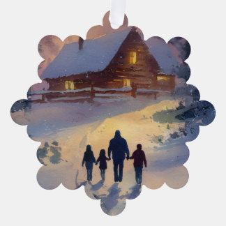 Cozy winter cabin in a snowy pine forest at sunset tree decoration card