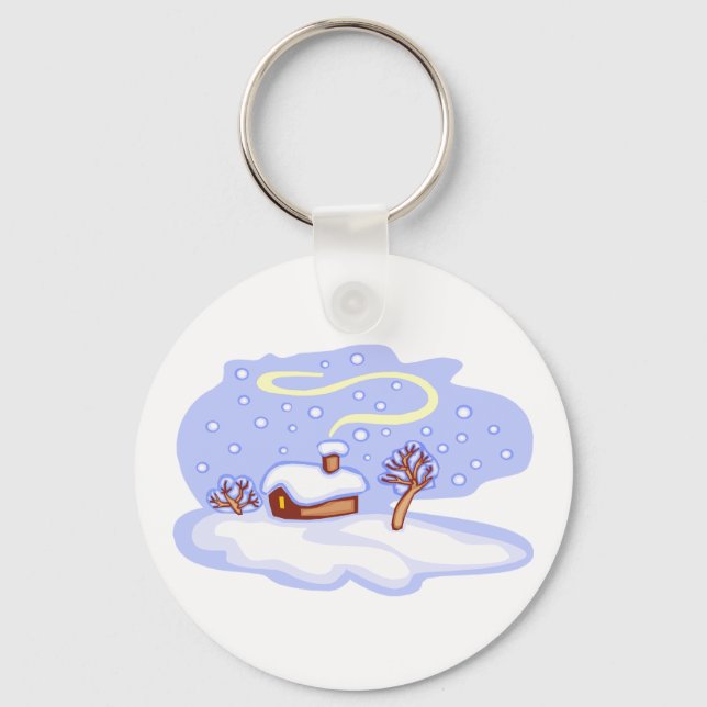 Cozy Winter Cabin in Snow Frosty Landscape Key Ring (Front)