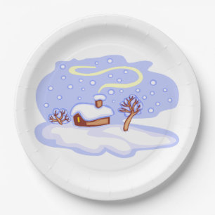 Cozy Winter Cabin in Snow Frosty Landscape Paper Plate