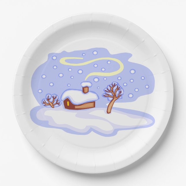 Cozy Winter Cabin in Snow Frosty Landscape Paper Plate (Front)