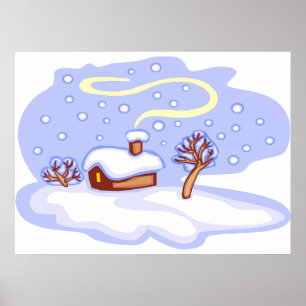 Cozy Winter Cabin in Snow Frosty Landscape Poster