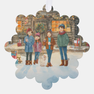 Cozy winter cabin in the woods tree decoration card