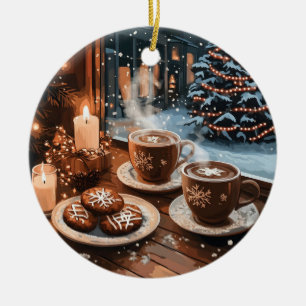 Cozy Winter Cafe with Hot Cocoa and Cookies Ceramic Tree Decoration