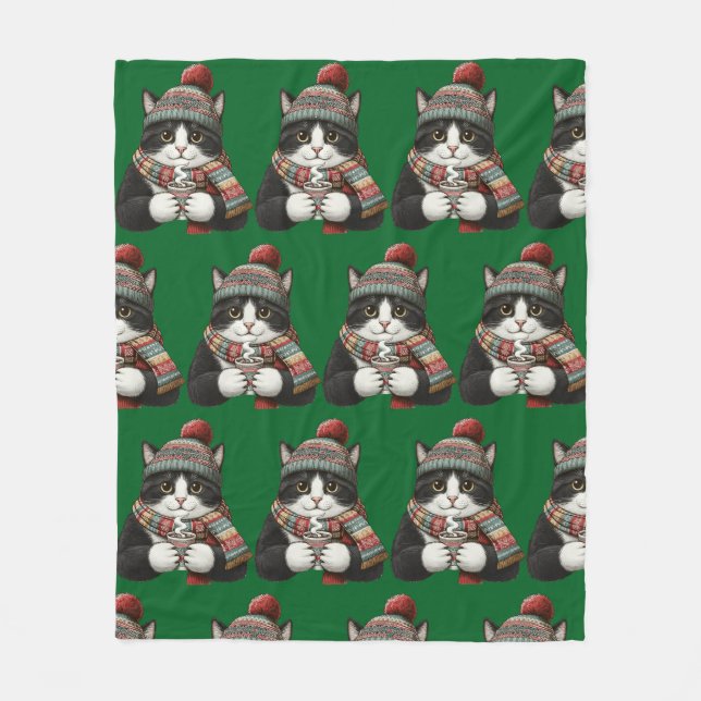 Cozy Winter Cat Cocoa Fleece Blanket (Front)