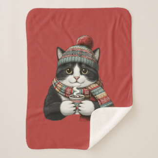 Cozy Winter Cat Cocoa Sherpa Blanket
