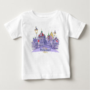 Cozy Winter City Illustration with Snowy Night Baby T-Shirt