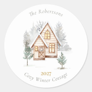 Cozy Winter Cottage Personalized Christmas Classic Round Sticker