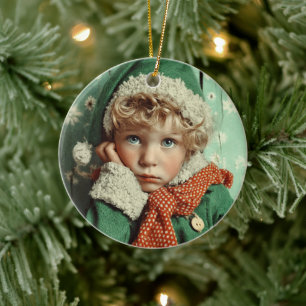 Cozy Winter Elf Child Portrait Ceramic Tree Decoration