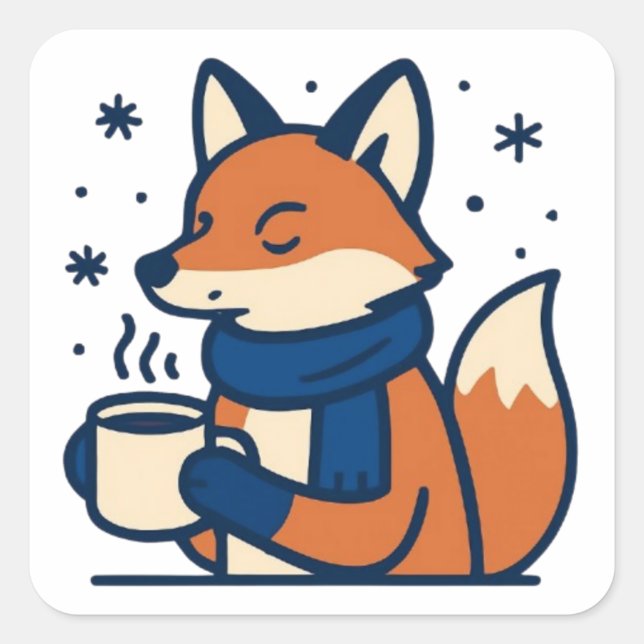 Cozy Winter Fox with Hot Cocoa  Square Sticker (Front)