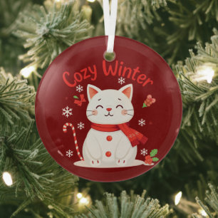 COZY WINTER - KITTY SNOWMAN - RED GLASS TREE DECORATION