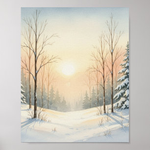 Cozy Winter Landscape Watercolor – Forest Sunrise Poster