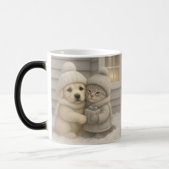 Cozy Winter Mug with Puppy and Kitten Illustration (Left)