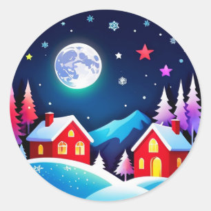 Cozy Winter Night Village Scene Classic Round Sticker