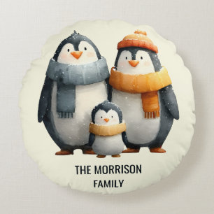Cozy Winter Penguin Family Round Cushion