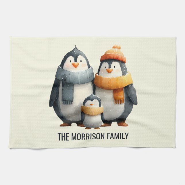 Cozy Winter Penguin Family Tea Towel (Horizontal)