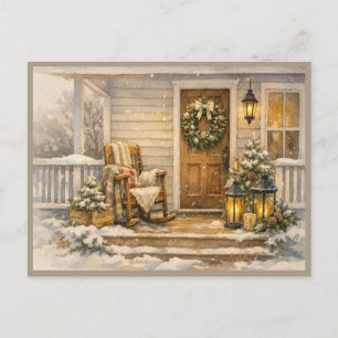 Cozy Winter Porch Watercolor Art Postcard