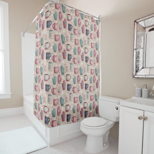 Cozy Winter Seamless Pattern with Knitted Mittens  Shower Curtain (In Situ)