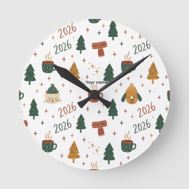Cozy Winter Vibes 2026 - Cute Puppy and Kitten Chr Round Clock (Front)