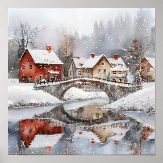 Cozy Winter Village Bridge Watercolor Christmas Poster