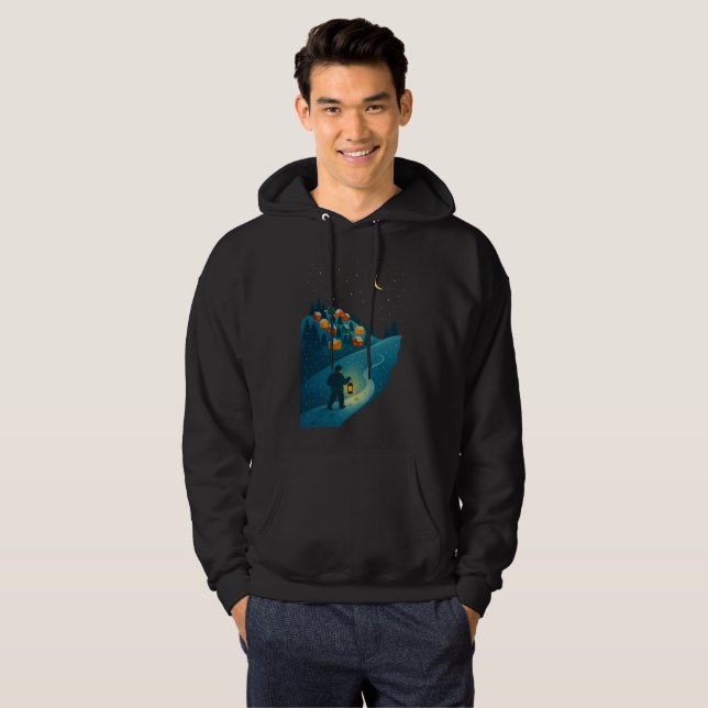 Cozy Winter Village Lantern Walk Illustration Hood Hoodie (Front Full)