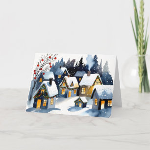 Cozy Winter Village Watercolor Christmas Greeting Card