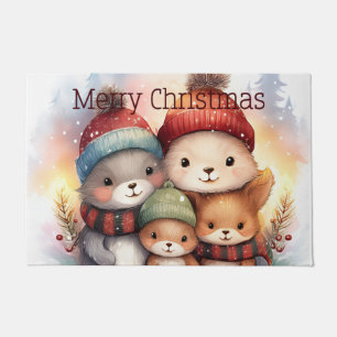 Cozy Woodland Animal Family Merry Christmas Doormat