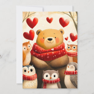 Cozy Woodland Bear Owl Family Winter Love Announcement