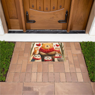 Cozy Woodland Bear Owl Family Winter Love Doormat