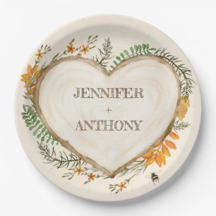 Cozy Woodland Cottagecore Wooden Heart Wedding Paper Plate