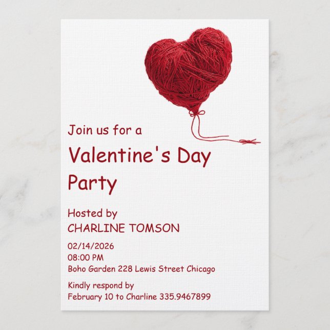 Cozy Yarn Heart for Valentines Invitation (Front)