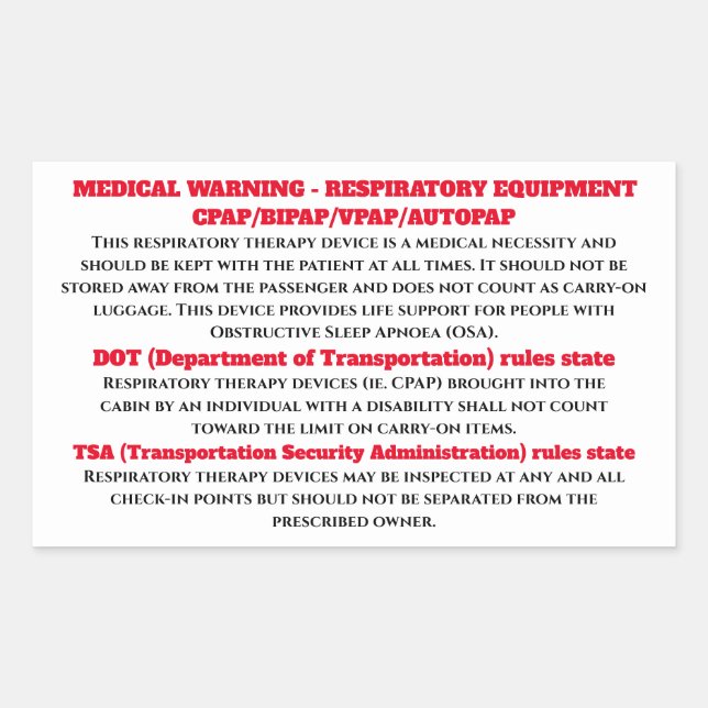 CPAP sleep apnoea warning signage stick on Rectangular Sticker (Front)