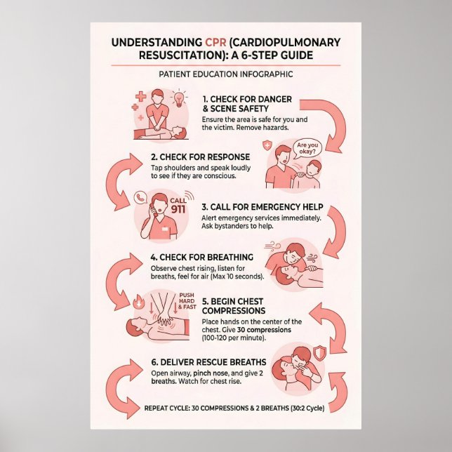 CPR 6-Step Guide: Cardiopulmonary Resuscitation Poster (Front)