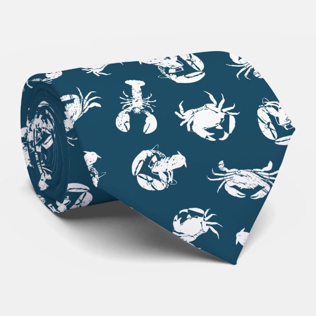 Crab and Lobster Blue White Seafood Patterned Tie (Rolled)