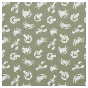 Crab and Lobster Khaki Green and White Pattern Fabric