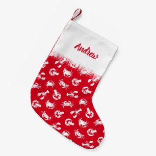 Crab and Lobster Patterned Red and White Small Christmas Stocking