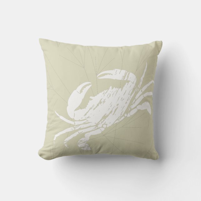 Crab and Lobster White and Sand Beige Coastal Cushion (Front)