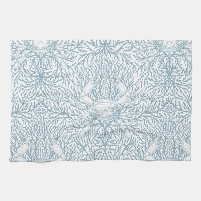 Crab and sea weed, coastal summer in white and lig tea towel (Horizontal)