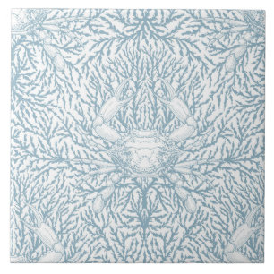 Crab and sea weed, coastal summer in white and lig tile