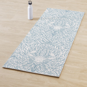 Crab and sea weed, coastal summer in white and lig yoga mat