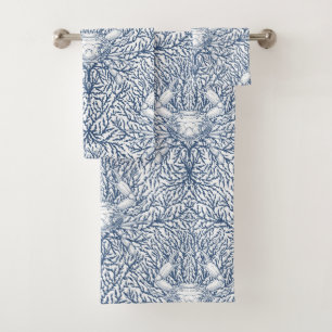 Crab and sea weed, coastal summer in white and nav bath towel set