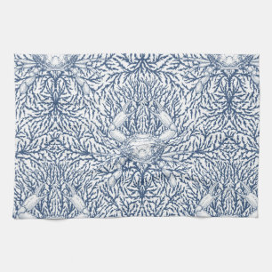 Crab and sea weed, coastal summer in white and nav tea towel