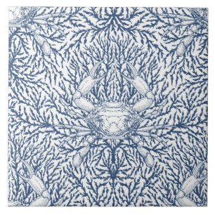 Crab and sea weed, coastal summer in white and nav tile