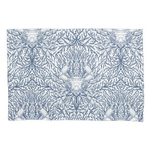 Crab and sea weed in white and navy pillowcase