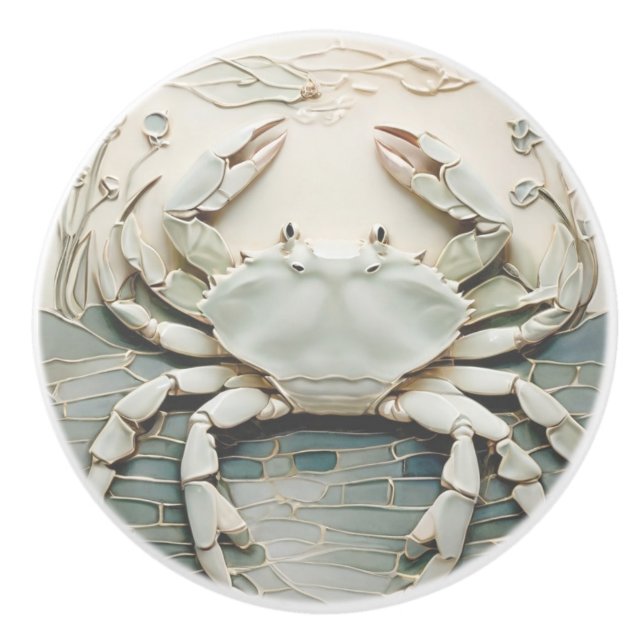 Crab Art Nouveau Faux Relief White & Mint Pastel Ceramic Knob (Front)