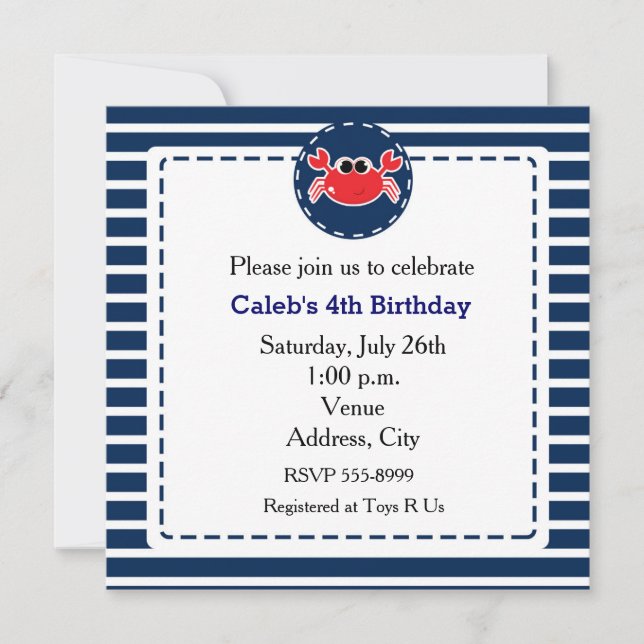 Crab Beach Navy Stripes Nautical Party Invitation (Front)
