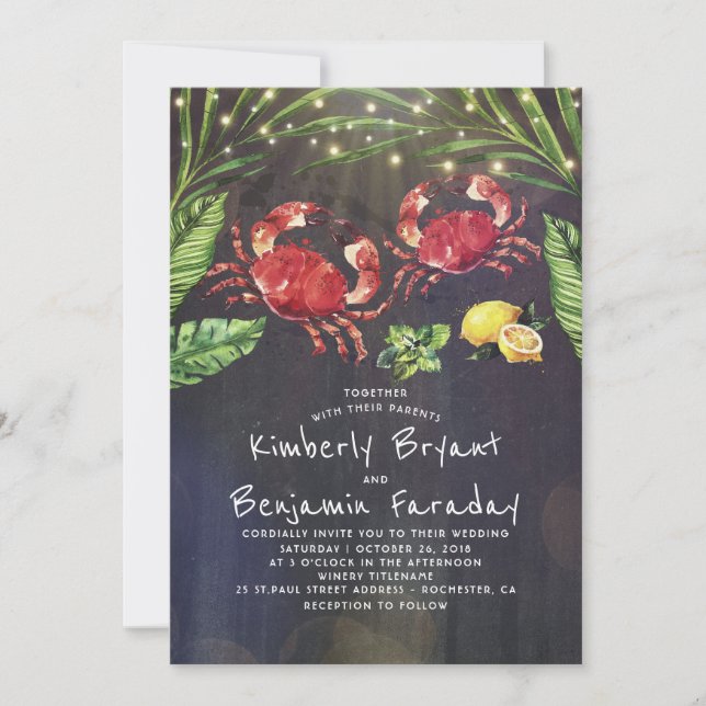 Crab Beach Palm String Lights Wedding Invitation (Front)