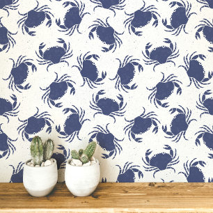 Crab Blue and White Coastal Pattern Wallpaper