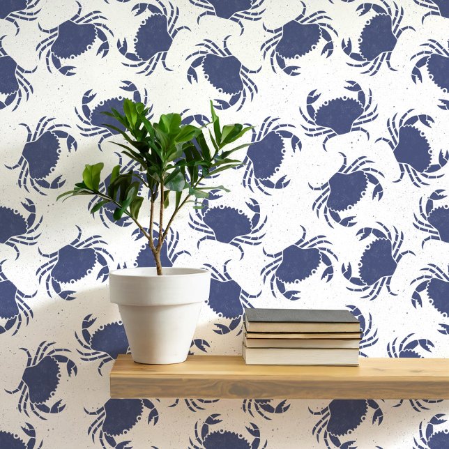 Crab Blue and White Coastal Pattern Wallpaper (Crab navy blue and white coastal themed wallpaper)