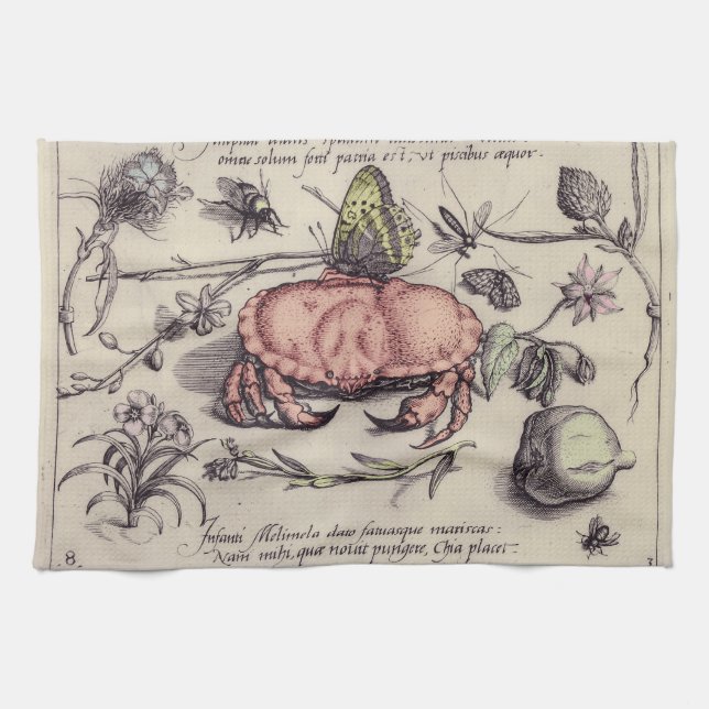 Crab Botanical Insect Flower Illustration Tea Towel (Horizontal)